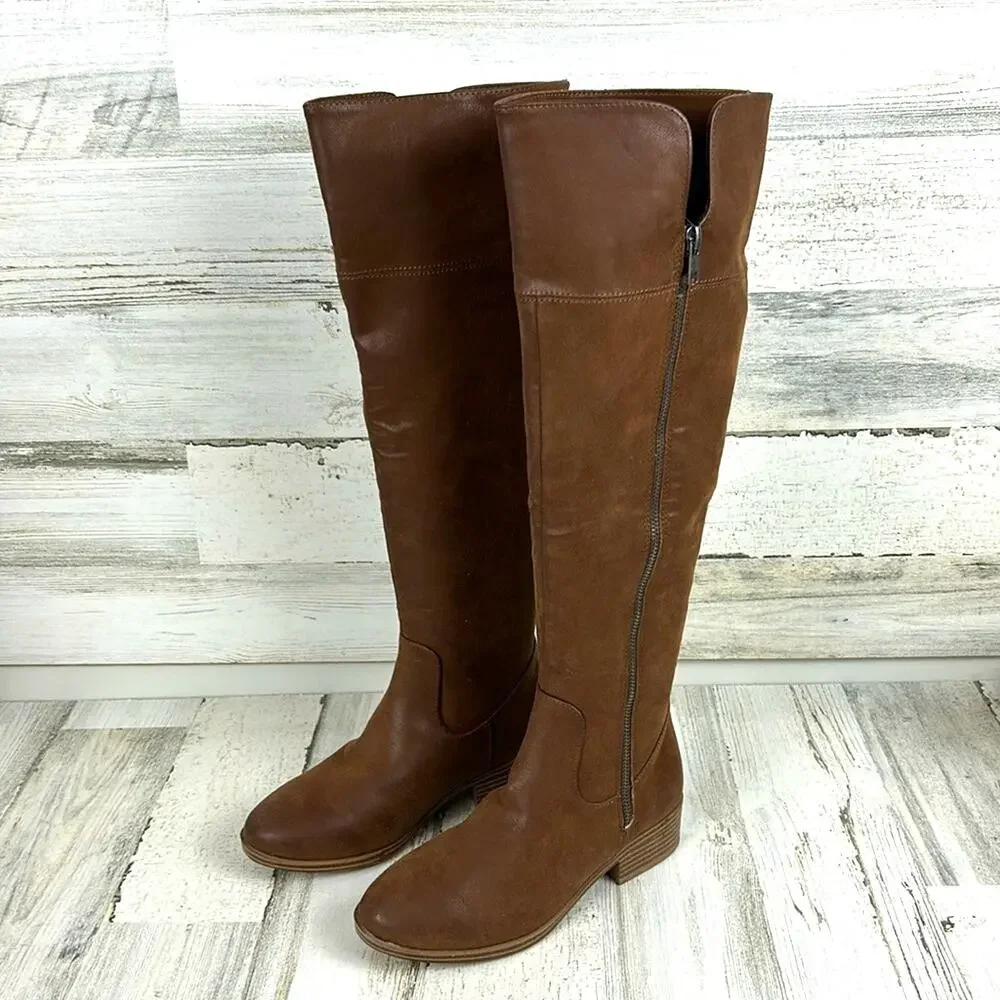 MIA Womens 5 Brown Faux Leather Over the Knee Boots Boho Winter Zip Heel NEW